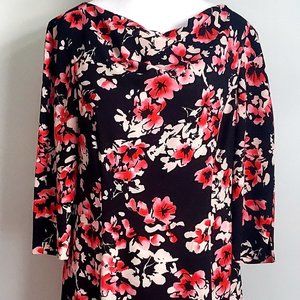 Women's Dress Ditzy Floral Black & Pink 3/4 Sleeve Cowl Neck Holiday Party Fun